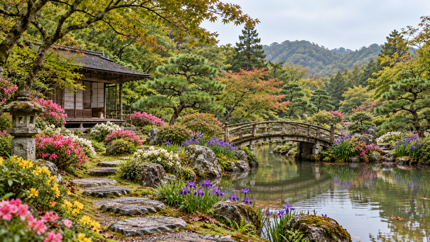 Jardín japonés con flores de colores, un puente y un estanque.